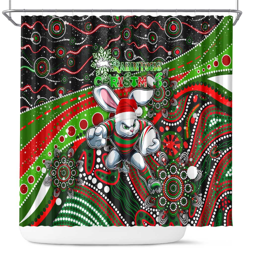Merry Christmas Rabbitohs Shower Curtain Aboriginal Santa Rugby Mascot - South Sydney Bunnies