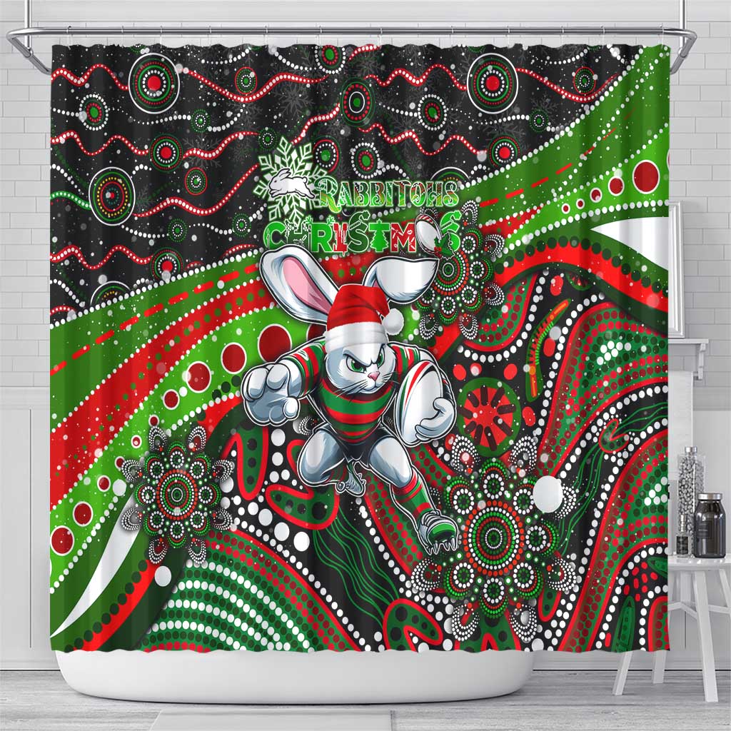 Merry Christmas Rabbitohs Shower Curtain Aboriginal Santa Rugby Mascot - South Sydney Bunnies