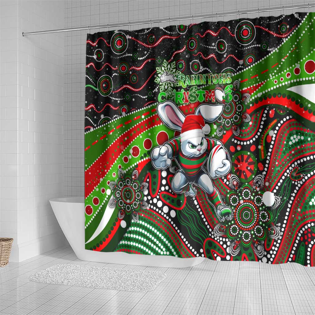Merry Christmas Rabbitohs Shower Curtain Aboriginal Santa Rugby Mascot - South Sydney Bunnies