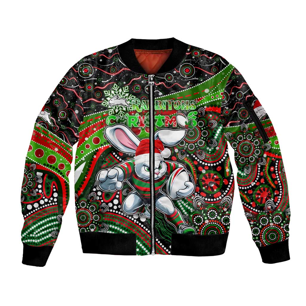 Merry Christmas Rabbitohs Sleeve Zip Bomber Jacket Aboriginal Santa Rugby Mascot - South Sydney Bunnies