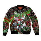 Merry Christmas Rabbitohs Sleeve Zip Bomber Jacket Aboriginal Santa Rugby Mascot - South Sydney Bunnies