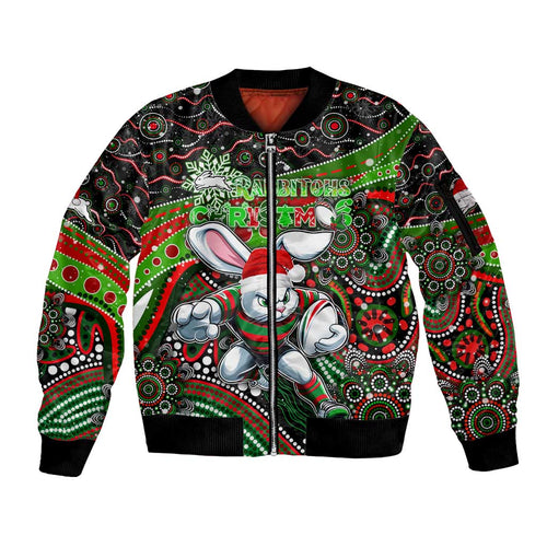 Merry Christmas Rabbitohs Sleeve Zip Bomber Jacket Aboriginal Santa Rugby Mascot - South Sydney Bunnies