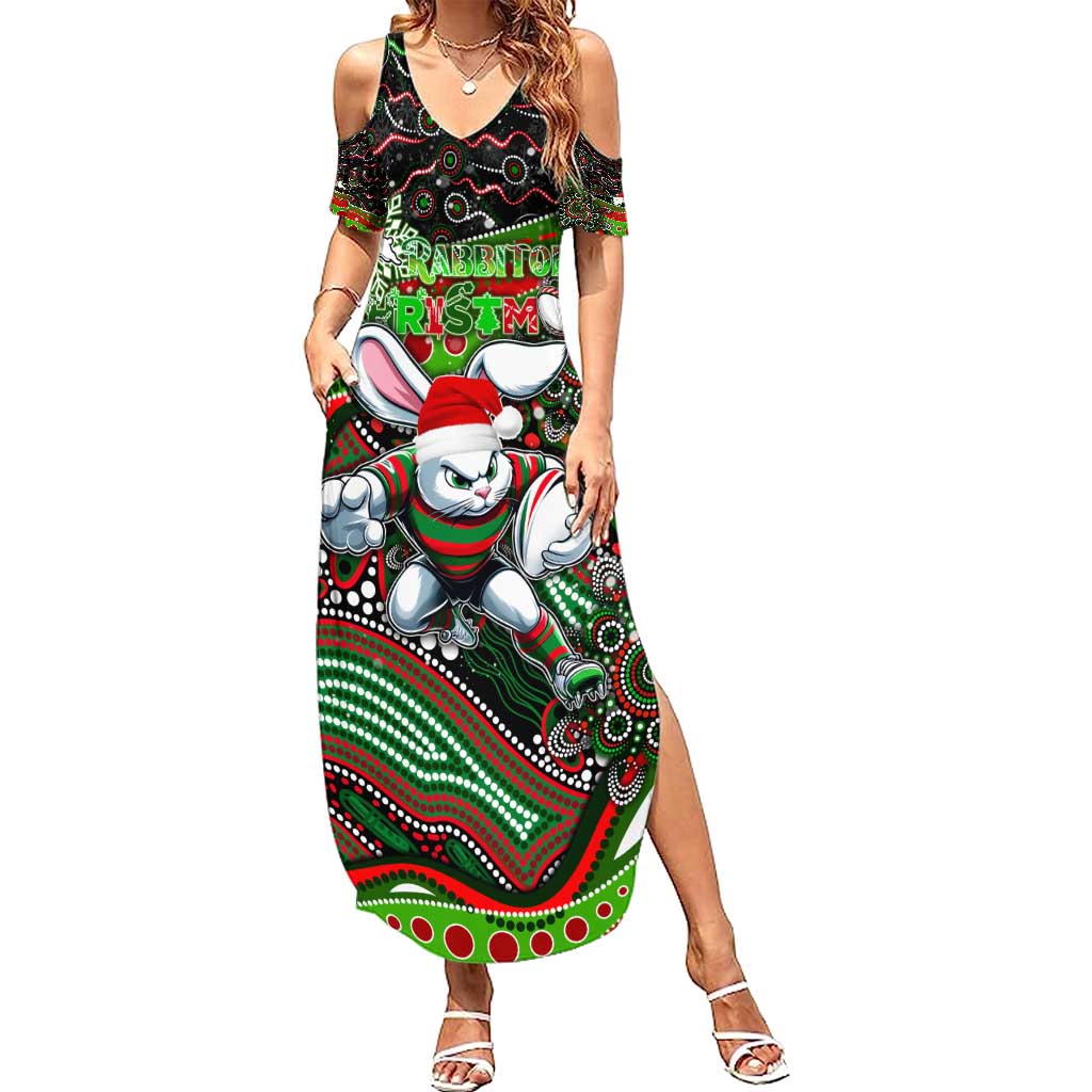 Merry Christmas Rabbitohs Summer Maxi Dress Aboriginal Santa Rugby Mascot - South Sydney Bunnies