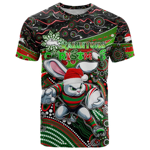 Merry Christmas Rabbitohs T Shirt Aboriginal Santa Rugby Mascot - South Sydney Bunnies