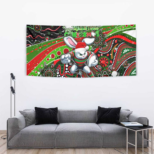 Merry Christmas Rabbitohs Tapestry Aboriginal Santa Rugby Mascot - South Sydney Bunnies