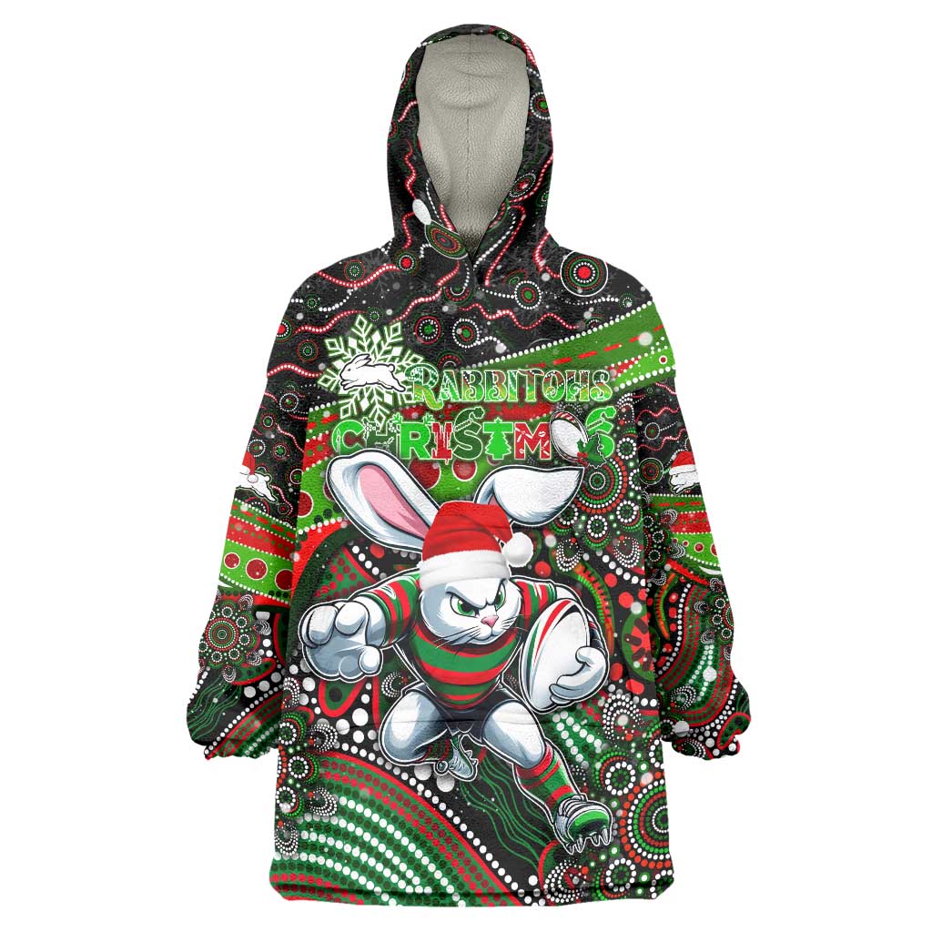 Merry Christmas Rabbitohs Wearable Blanket Hoodie Aboriginal Santa Rugby Mascot - South Sydney Bunnies