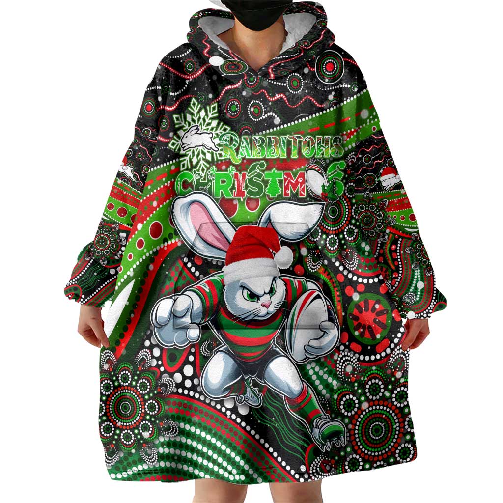 Merry Christmas Rabbitohs Wearable Blanket Hoodie Aboriginal Santa Rugby Mascot - South Sydney Bunnies