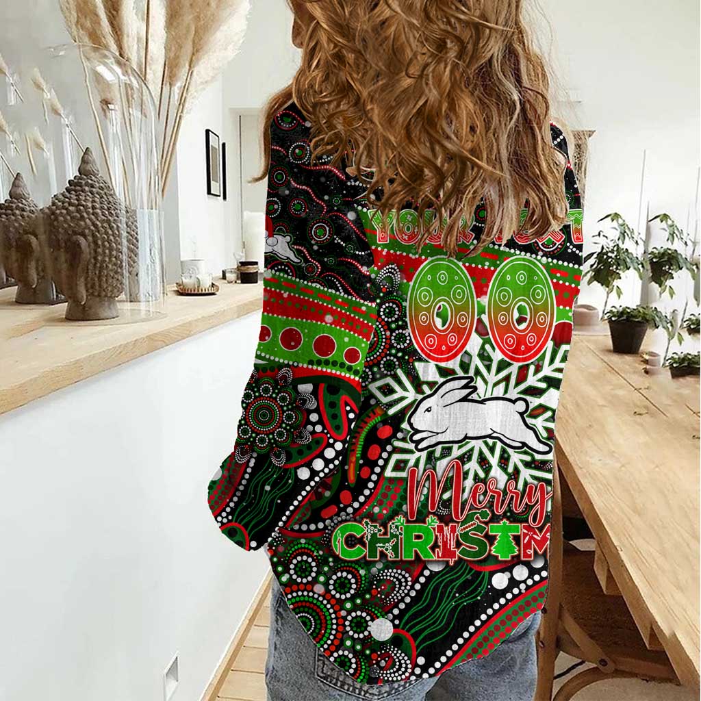 Merry Christmas Rabbitohs Women Casual Shirt Aboriginal Santa Rugby Mascot - South Sydney Bunnies