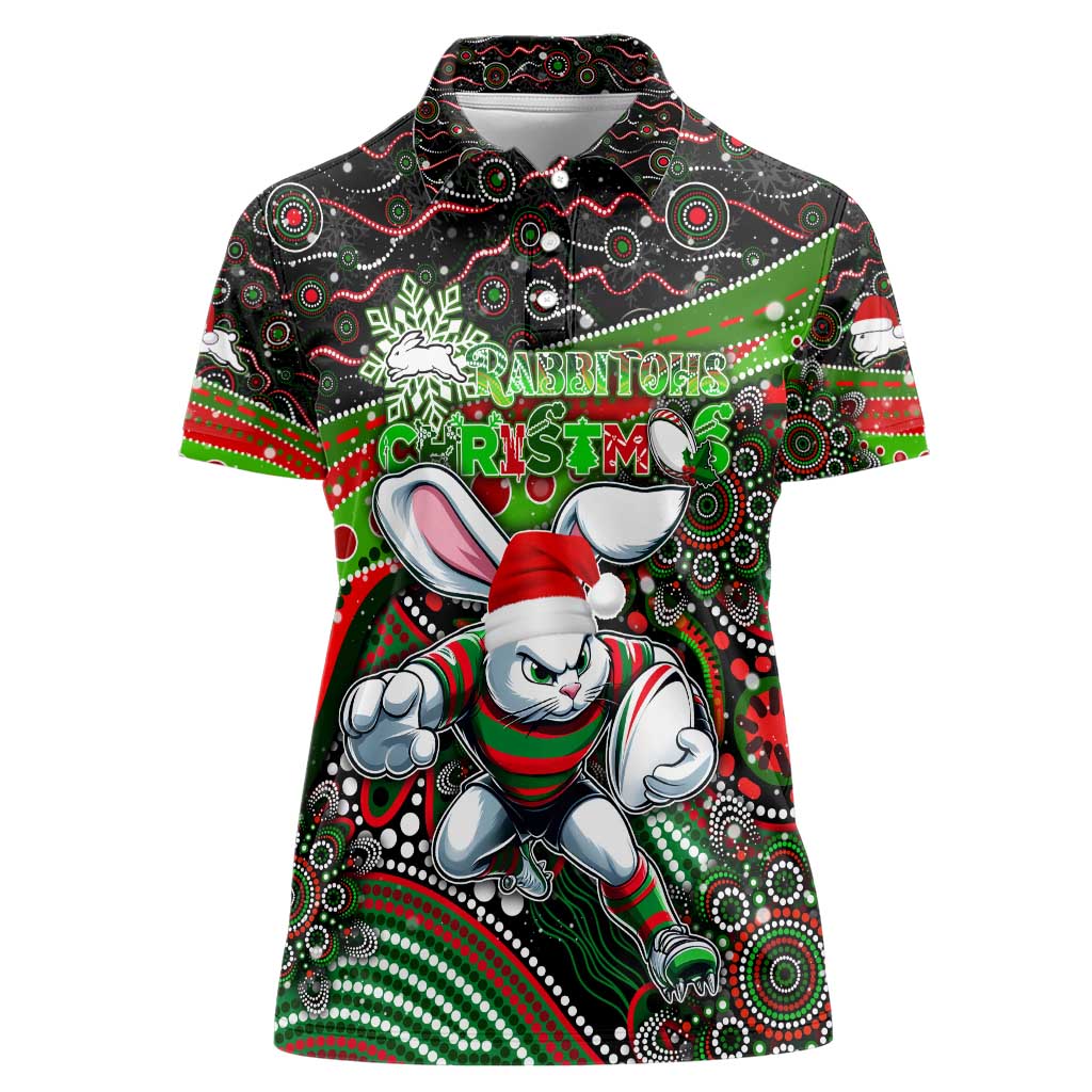 Merry Christmas Rabbitohs Women Polo Shirt Aboriginal Santa Rugby Mascot - South Sydney Bunnies