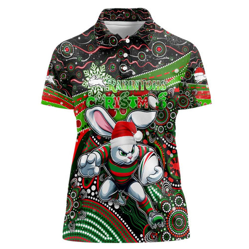 Merry Christmas Rabbitohs Women Polo Shirt Aboriginal Santa Rugby Mascot - South Sydney Bunnies