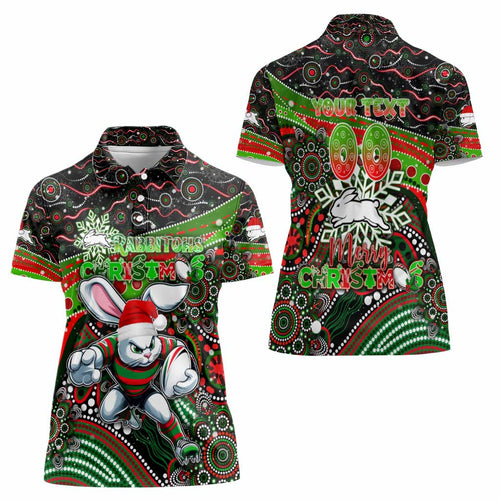 Merry Christmas Rabbitohs Women Polo Shirt Aboriginal Santa Rugby Mascot - South Sydney Bunnies