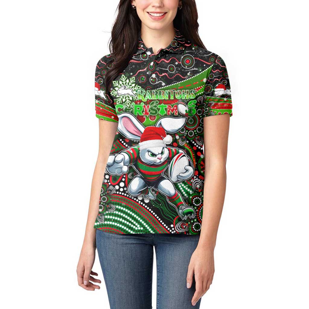Merry Christmas Rabbitohs Women Polo Shirt Aboriginal Santa Rugby Mascot - South Sydney Bunnies