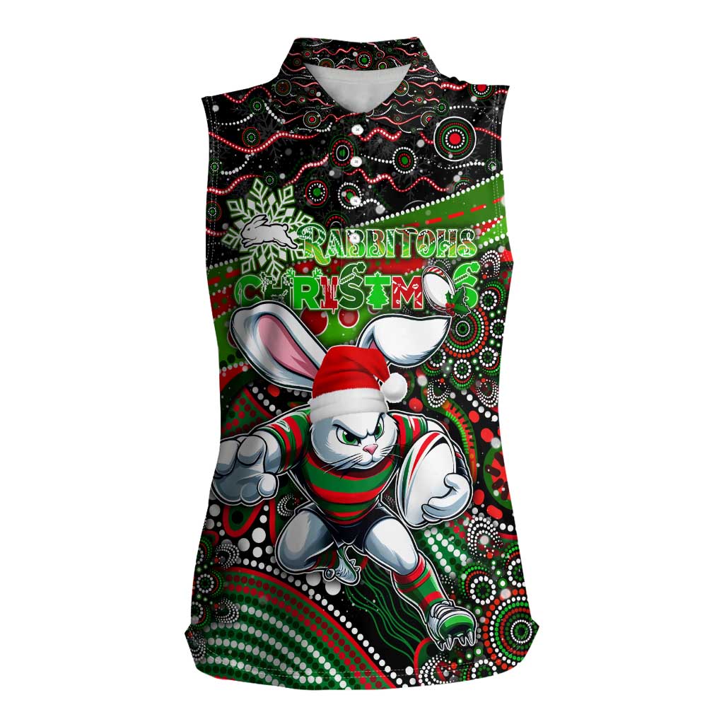 Merry Christmas Rabbitohs Women Sleeveless Polo Shirt Aboriginal Santa Rugby Mascot - South Sydney Bunnies