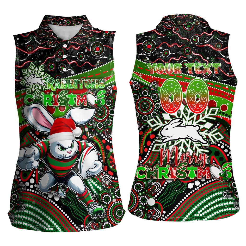 Merry Christmas Rabbitohs Women Sleeveless Polo Shirt Aboriginal Santa Rugby Mascot - South Sydney Bunnies