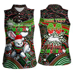 Merry Christmas Rabbitohs Women Sleeveless Polo Shirt Aboriginal Santa Rugby Mascot - South Sydney Bunnies