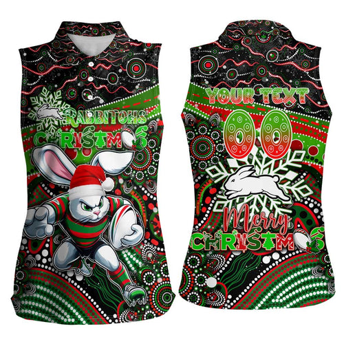 Merry Christmas Rabbitohs Women Sleeveless Polo Shirt Aboriginal Santa Rugby Mascot - South Sydney Bunnies