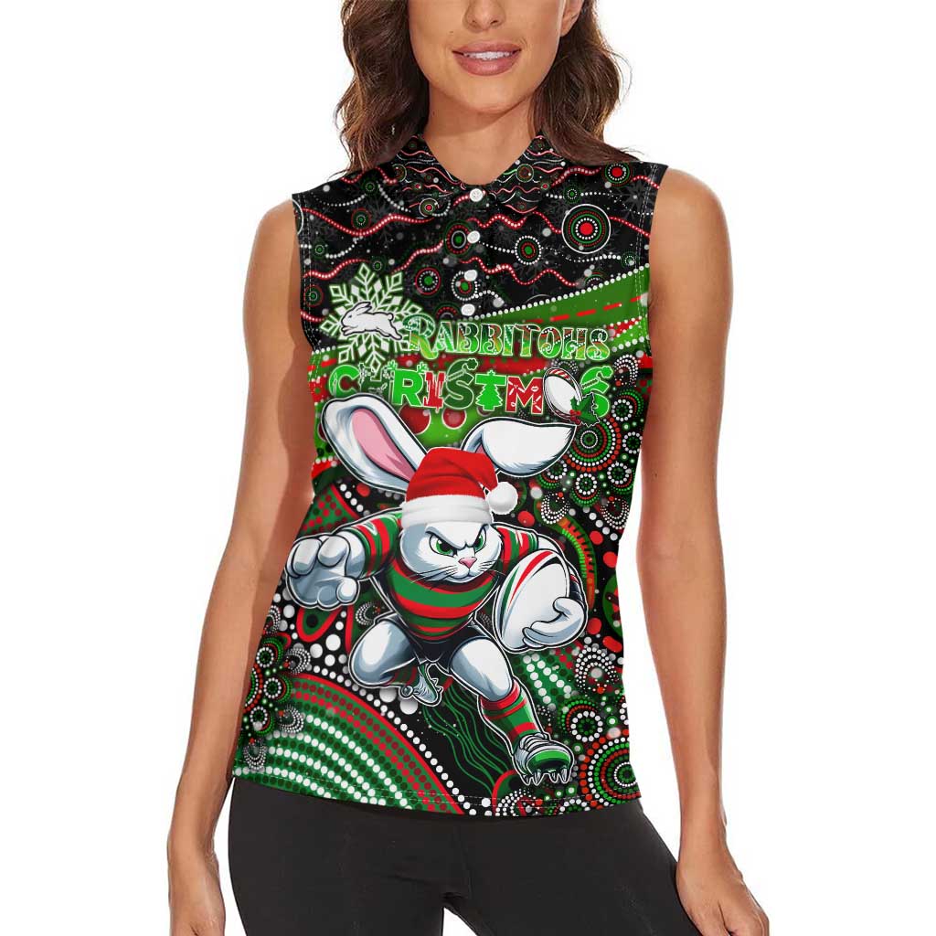 Merry Christmas Rabbitohs Women Sleeveless Polo Shirt Aboriginal Santa Rugby Mascot - South Sydney Bunnies