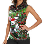 Merry Christmas Rabbitohs Women Sleeveless Polo Shirt Aboriginal Santa Rugby Mascot - South Sydney Bunnies