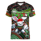 Merry Christmas Rabbitohs Women V-Neck T-Shirt Aboriginal Santa Rugby Mascot - South Sydney Bunnies