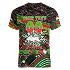 Merry Christmas Rabbitohs Women V-Neck T-Shirt Aboriginal Santa Rugby Mascot - South Sydney Bunnies
