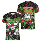 Merry Christmas Rabbitohs Women V-Neck T-Shirt Aboriginal Santa Rugby Mascot - South Sydney Bunnies