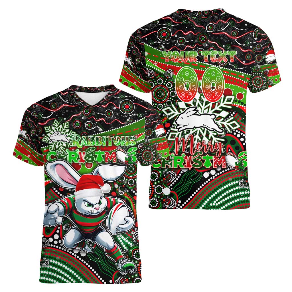 Merry Christmas Rabbitohs Women V-Neck T-Shirt Aboriginal Santa Rugby Mascot - South Sydney Bunnies