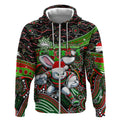 Merry Christmas Rabbitohs Zip Hoodie Aboriginal Santa Rugby Mascot - South Sydney Bunnies
