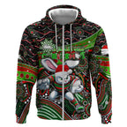 Merry Christmas Rabbitohs Zip Hoodie Aboriginal Santa Rugby Mascot - South Sydney Bunnies