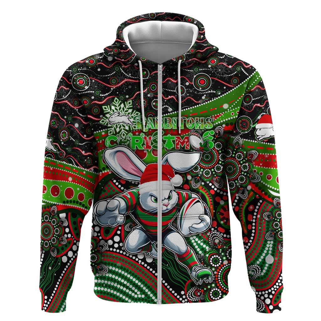 Merry Christmas Rabbitohs Zip Hoodie Aboriginal Santa Rugby Mascot - South Sydney Bunnies