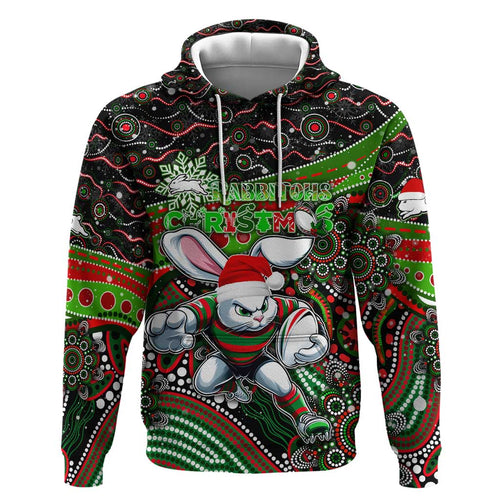Merry Christmas Rabbitohs Zip Hoodie Aboriginal Santa Rugby Mascot - South Sydney Bunnies