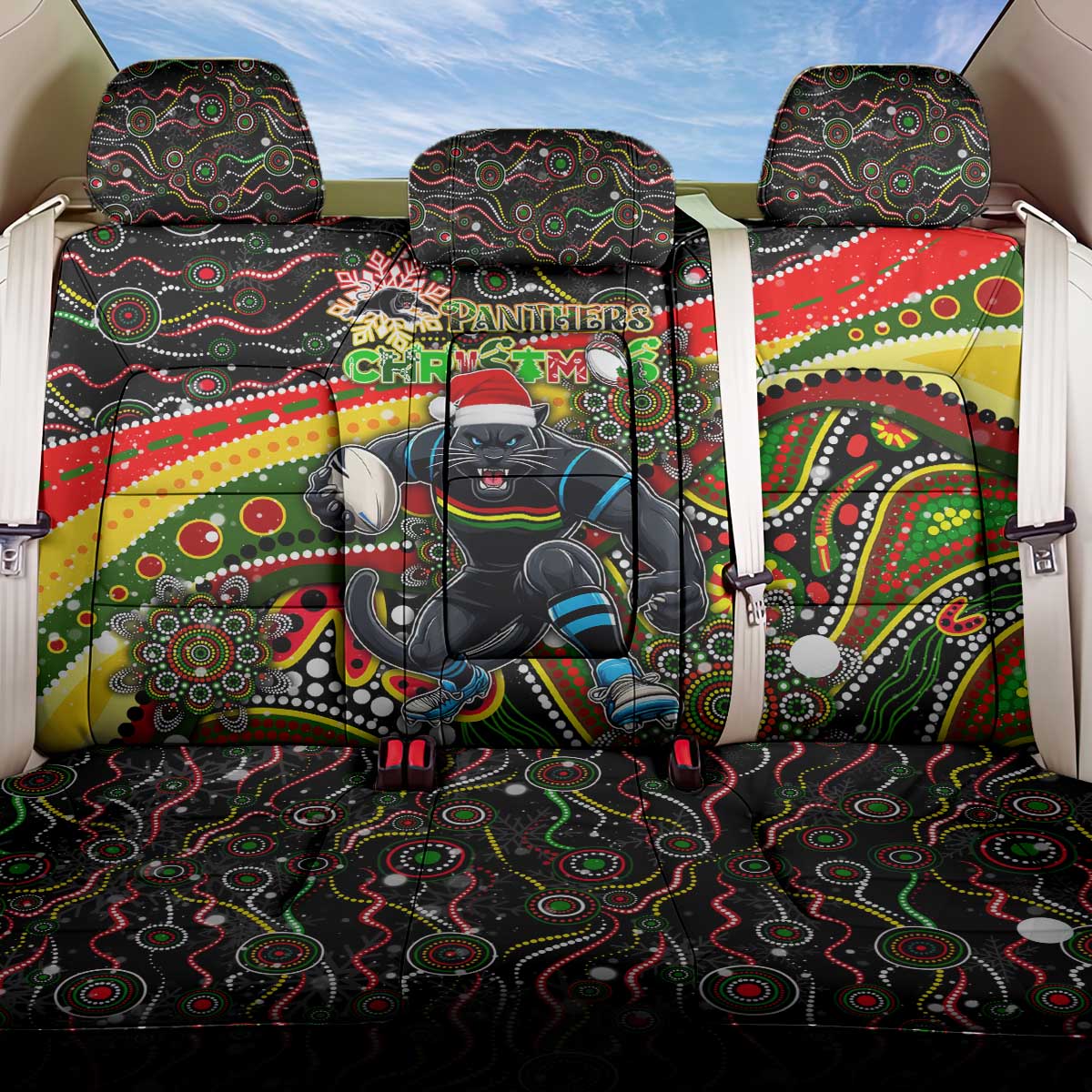 Merry Christmas Penrith Panthers Back Car Seat Cover Aboriginal Santa Rugby Mascot - The Riff