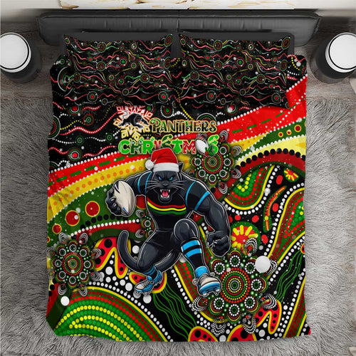 Merry Christmas Penrith Panthers Bedding Set Aboriginal Santa Rugby Mascot - The Riff