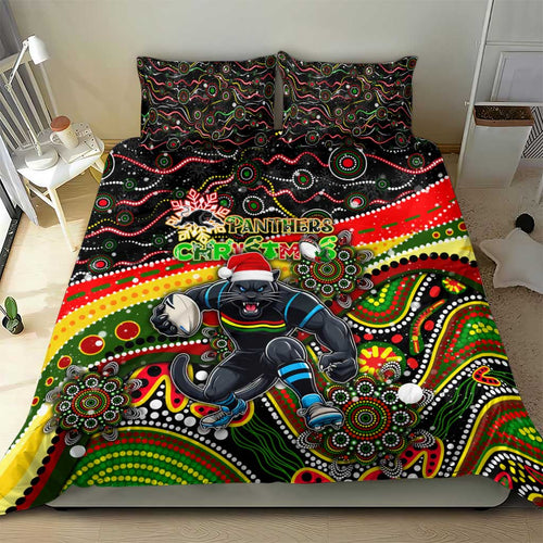 Merry Christmas Penrith Panthers Bedding Set Aboriginal Santa Rugby Mascot - The Riff