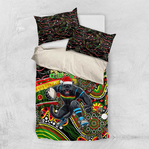 Merry Christmas Penrith Panthers Bedding Set Aboriginal Santa Rugby Mascot - The Riff