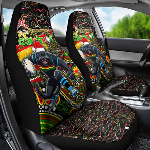 Merry Christmas Penrith Panthers Car Seat Cover Aboriginal Santa Rugby Mascot - The Riff