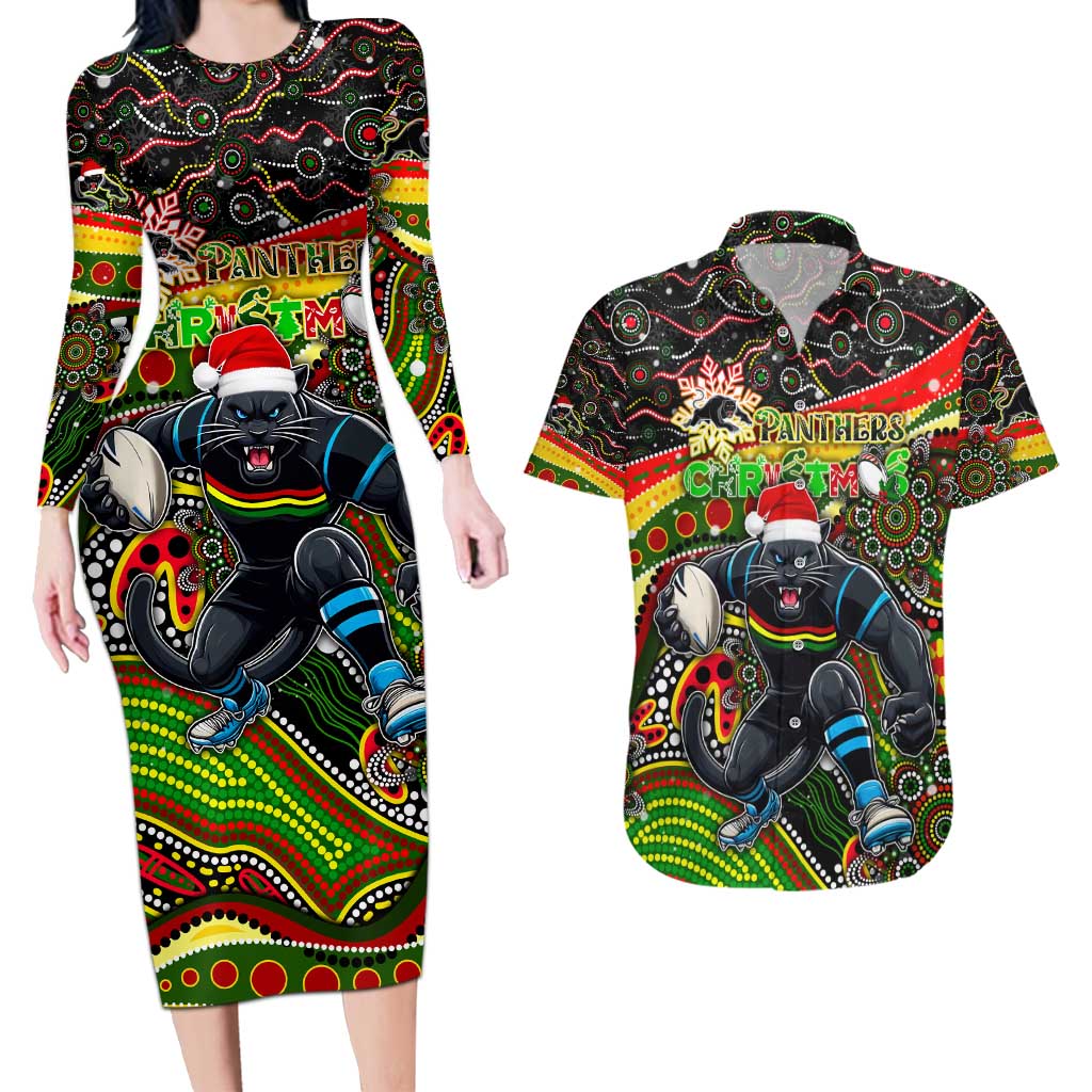 Merry Christmas Penrith Panthers Couples Matching Long Sleeve Bodycon Dress and Hawaiian Shirt Aboriginal Santa Rugby Mascot - The Riff