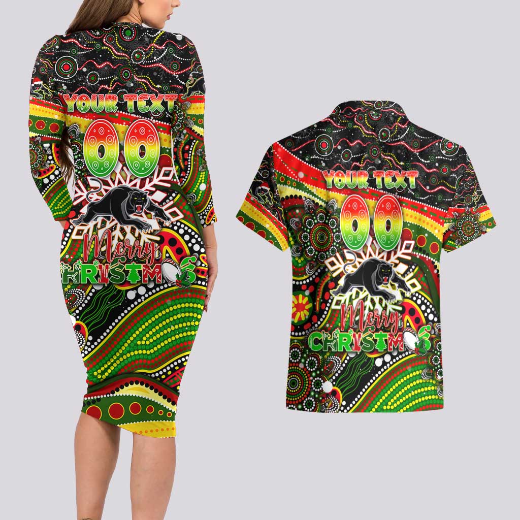 Merry Christmas Penrith Panthers Couples Matching Long Sleeve Bodycon Dress and Hawaiian Shirt Aboriginal Santa Rugby Mascot - The Riff