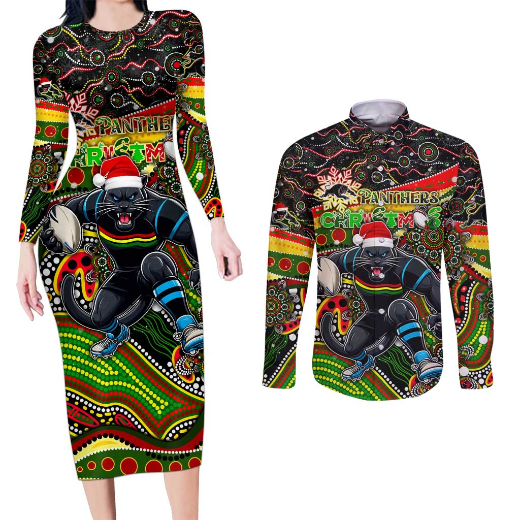 Merry Christmas Penrith Panthers Couples Matching Long Sleeve Bodycon Dress and Long Sleeve Button Shirt Aboriginal Santa Rugby Mascot - The Riff