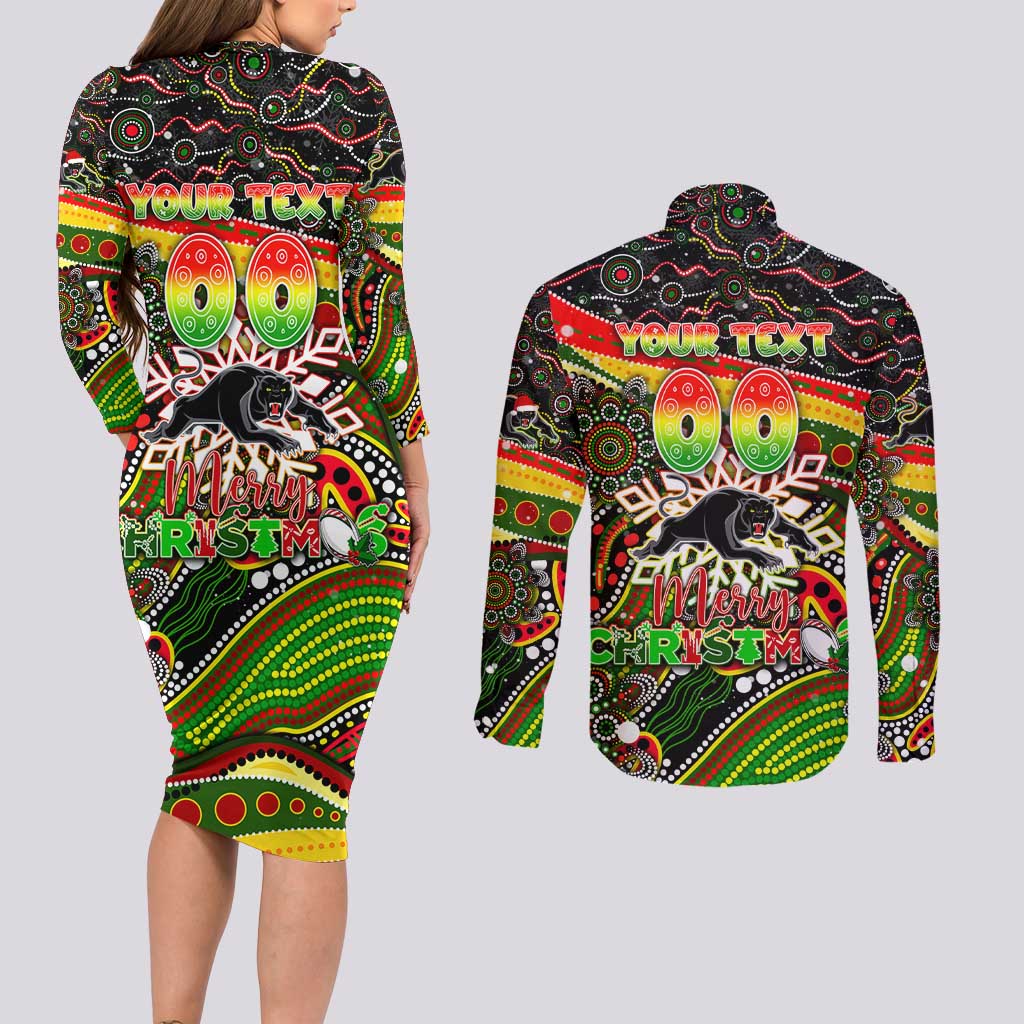Merry Christmas Penrith Panthers Couples Matching Long Sleeve Bodycon Dress and Long Sleeve Button Shirt Aboriginal Santa Rugby Mascot - The Riff