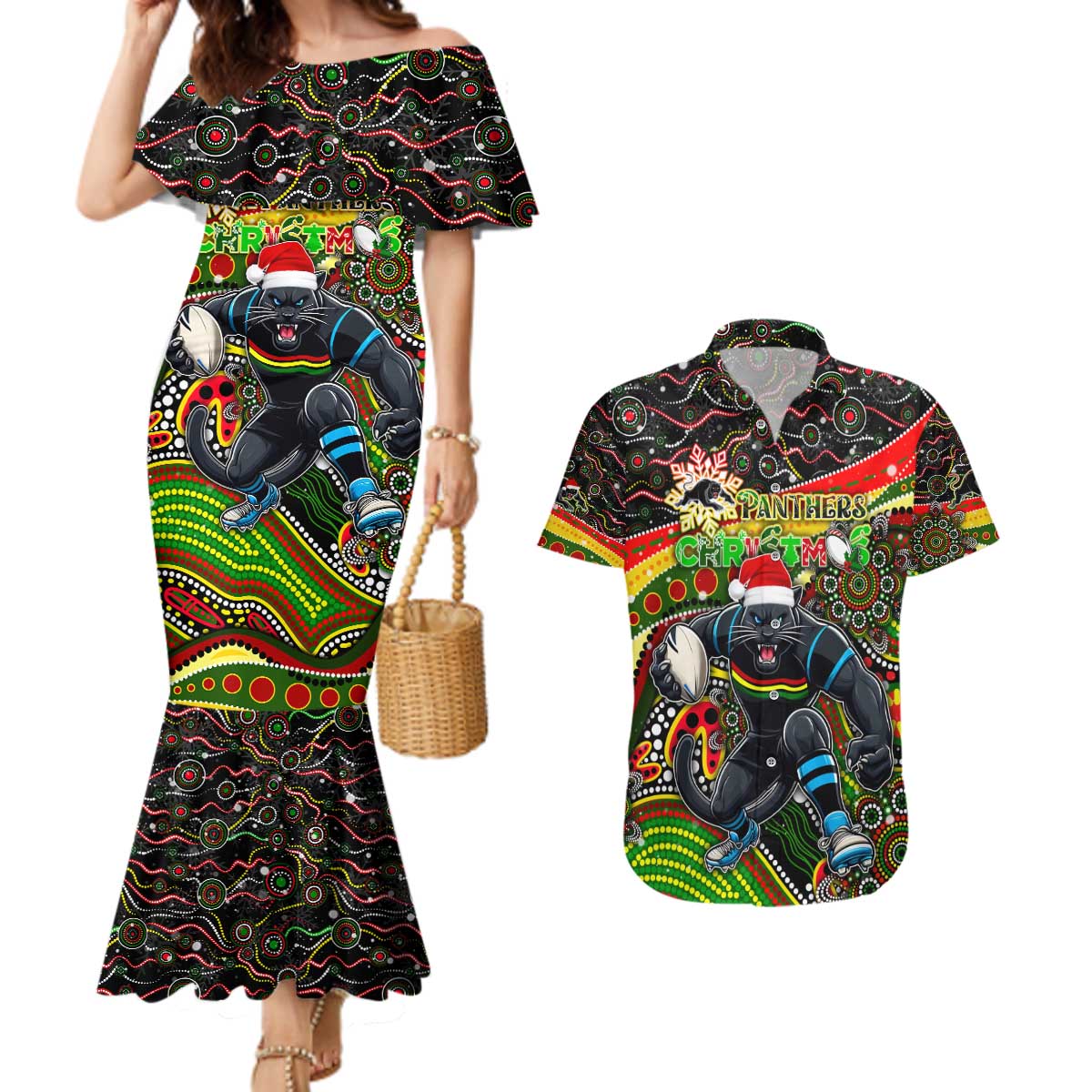 Merry Christmas Penrith Panthers Couples Matching Mermaid Dress and Hawaiian Shirt Aboriginal Santa Rugby Mascot - The Riff