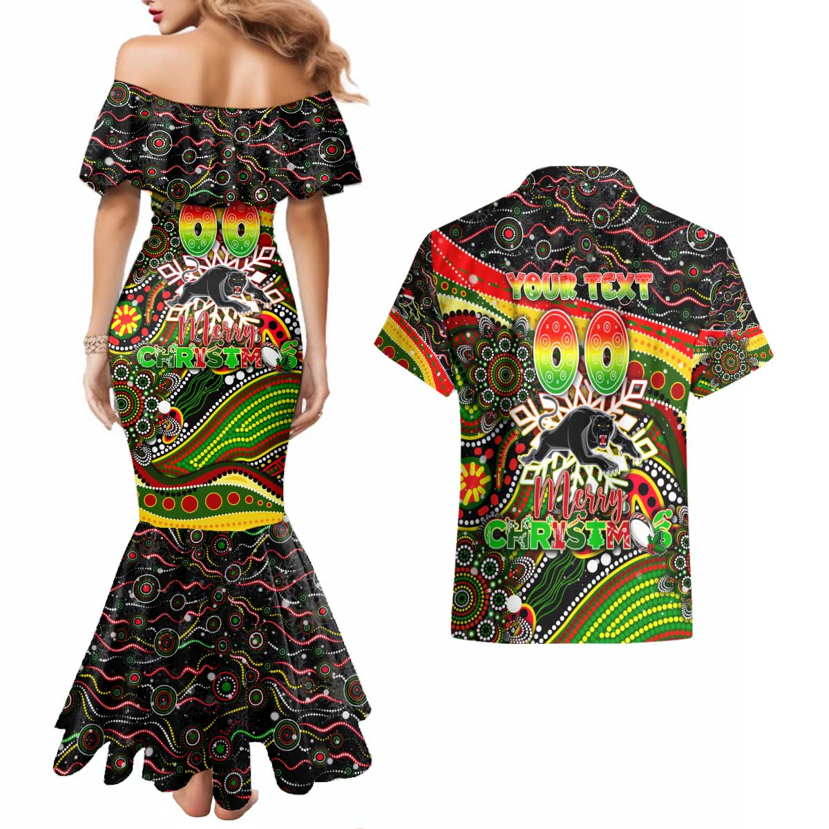 Merry Christmas Penrith Panthers Couples Matching Mermaid Dress and Hawaiian Shirt Aboriginal Santa Rugby Mascot - The Riff