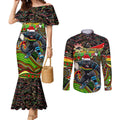 Merry Christmas Penrith Panthers Couples Matching Mermaid Dress and Long Sleeve Button Shirt Aboriginal Santa Rugby Mascot - The Riff