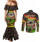 Merry Christmas Penrith Panthers Couples Matching Mermaid Dress and Long Sleeve Button Shirt Aboriginal Santa Rugby Mascot - The Riff