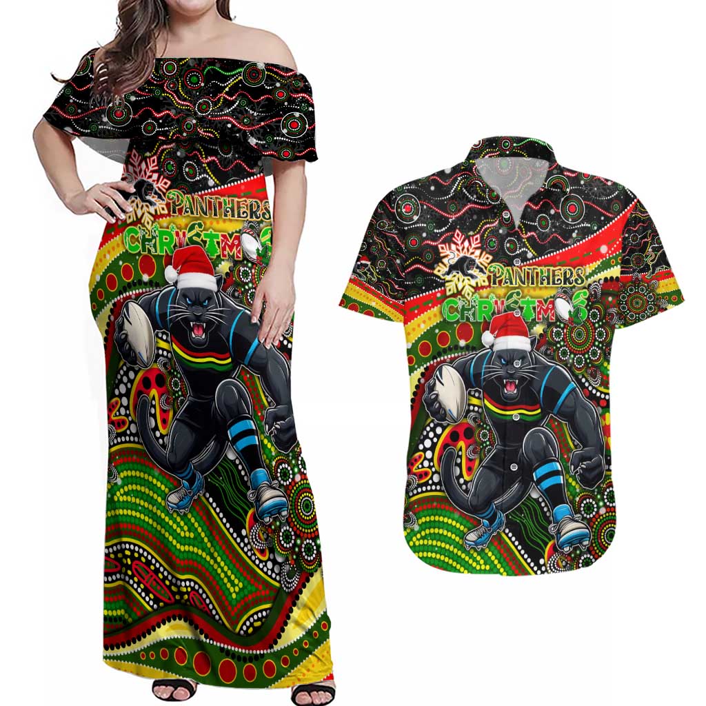 Merry Christmas Penrith Panthers Couples Matching Off Shoulder Maxi Dress and Hawaiian Shirt Aboriginal Santa Rugby Mascot - The Riff