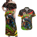 Merry Christmas Penrith Panthers Couples Matching Off Shoulder Maxi Dress and Hawaiian Shirt Aboriginal Santa Rugby Mascot - The Riff