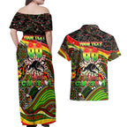 Merry Christmas Penrith Panthers Couples Matching Off Shoulder Maxi Dress and Hawaiian Shirt Aboriginal Santa Rugby Mascot - The Riff