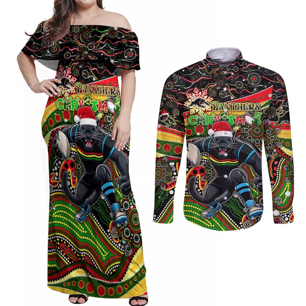 Merry Christmas Penrith Panthers Couples Matching Off Shoulder Maxi Dress and Long Sleeve Button Shirt Aboriginal Santa Rugby Mascot - The Riff
