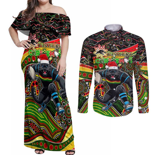 Merry Christmas Penrith Panthers Couples Matching Off Shoulder Maxi Dress and Long Sleeve Button Shirt Aboriginal Santa Rugby Mascot - The Riff