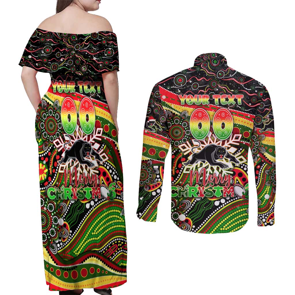 Merry Christmas Penrith Panthers Couples Matching Off Shoulder Maxi Dress and Long Sleeve Button Shirt Aboriginal Santa Rugby Mascot - The Riff