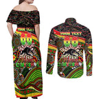 Merry Christmas Penrith Panthers Couples Matching Off Shoulder Maxi Dress and Long Sleeve Button Shirt Aboriginal Santa Rugby Mascot - The Riff